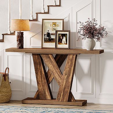 Farmhouse Console Table, Narrow Entryway Sofa Table with Cross Base