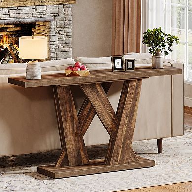 Farmhouse Console Table, Narrow Entryway Sofa Table with Cross Base