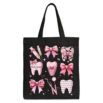 Dental Squad Coquette Canvas Tote Bag, Pink Teeth Dentist Life Bow Gift Shopper