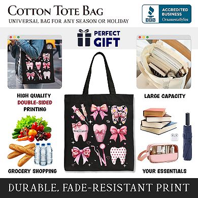 Dental Squad Coquette Canvas Tote Bag, Pink Teeth Dentist Life Bow Gift Shopper