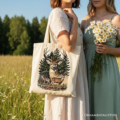 Forest Deers Vintage Grunge Canvas Tote Bag, Retro Hunter Gift Shopper