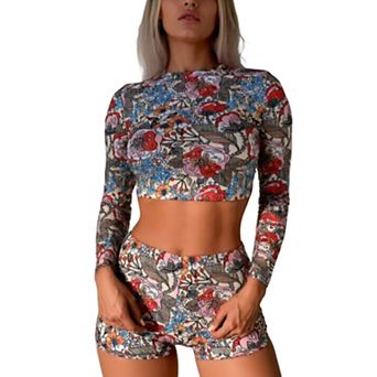 Women's Floral Print 2 pc Swimsuit Long Sleeve Crop Top High Waist Shorts Bathing Suit