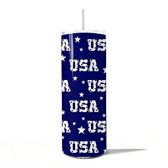 Navy USA Block Letters Pattern 20oz Tumbler With Stainless Steel Straw, Patriotic Gift Cup