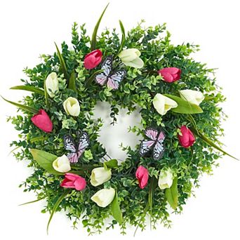 18" Spring Tulip Wreath with Butterflies for Front Door,Artificial Tulip Wreath with Eucalyptus