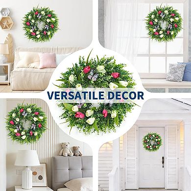 18" Spring Tulip Wreath with Butterflies for Front Door,Artificial Tulip Wreath with Eucalyptus