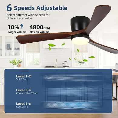 Modern 3 Wood Blades Flush Mount Standard Ceiling Fan with Integrated LED and Remote