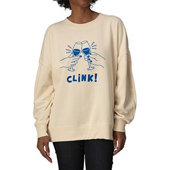 Women's Clink! Wine Glass Toast Oversized Fleece Crew Sweatshirt