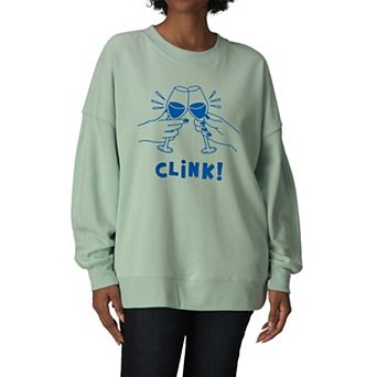 Women's Clink! Wine Glass Toast Oversized Fleece Crew Sweatshirt