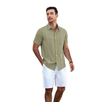 COOFADNY Men's Relaxed Fit Button-Up short Shirt with Decorative Stripes - Casual and Office Wear