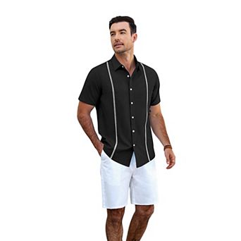 COOFADNY Men's Relaxed Fit Button-Up short Shirt with Decorative Stripes - Casual and Office Wear