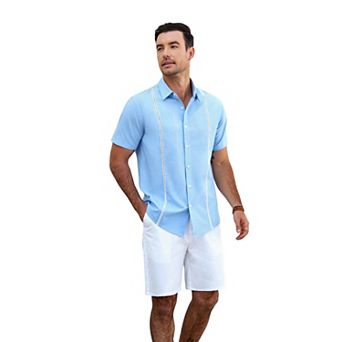 COOFADNY Men's Relaxed Fit Button-Up short Shirt with Decorative Stripes - Casual and Office Wear