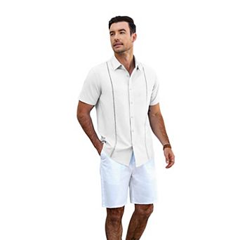 COOFADNY Men's Relaxed Fit Button-Up short Shirt with Decorative Stripes - Casual and Office Wear