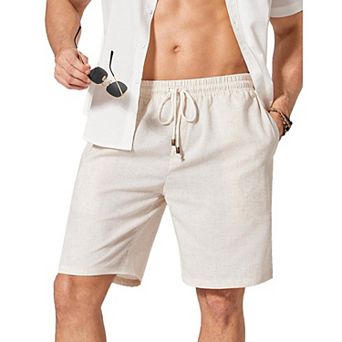 COOFANDY Mens Linen Shorts 9" Casual Beach Shorts Elastic Waist Summer Vacation Short White