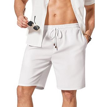 COOFANDY Mens Linen Shorts 9" Casual Beach Shorts Elastic Waist Summer Vacation Short White
