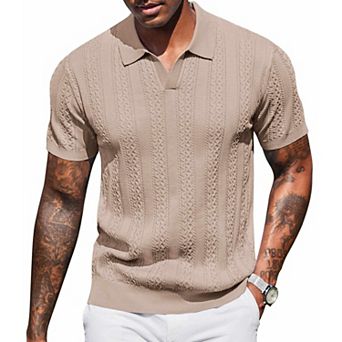 COOFANDY Polo Shirts for Men Short Sleeve Textured Knit Polo Collared Polo Shirts V Neck Stretch