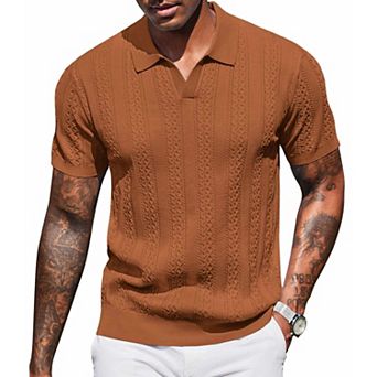 COOFANDY Polo Shirts for Men Short Sleeve Textured Knit Polo Collared Polo Shirts V Neck Stretch