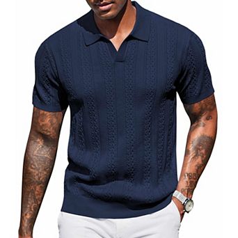 COOFANDY Polo Shirts for Men Short Sleeve Textured Knit Polo Collared Polo Shirts V Neck Stretch