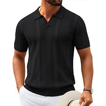 COOFANDY Mens Knit Polo Shirts Short Sleeve Vintage V Neck Collared Shirts Classic Golf Shirts