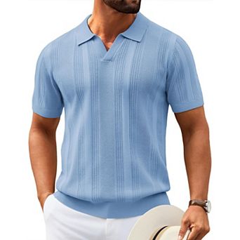 COOFANDY Mens Knit Polo Shirts Short Sleeve Vintage V Neck Collared Shirts Classic Golf Shirts
