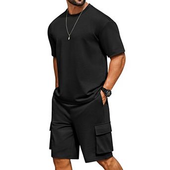 COOFANDY Men' Casual 2 pc Outfits Oversized T-Shirts and Cargo Shorts Set Street Fashion Lounge