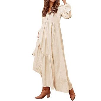 Women's Casual V-Neck Tiered Maxi Dress with Pockets Long Sleeve Cotton Linen Dress