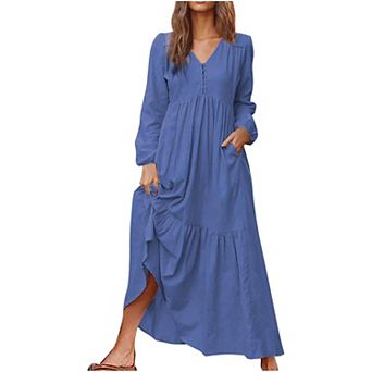 Women's Casual V-Neck Tiered Maxi Dress with Pockets Long Sleeve Cotton Linen Dress