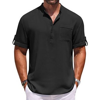 COOFANDY Henley Shirts for Men Short Sleeve Band Collar Casual Shirt Summer Hippie Vacation Beach