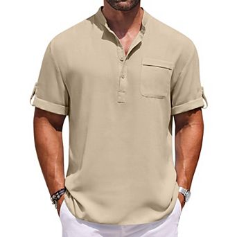 COOFANDY Henley Shirts for Men Short Sleeve Band Collar Casual Shirt Summer Hippie Vacation Beach