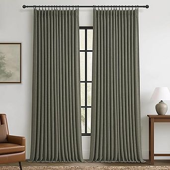 Faux Linen Curtains Blackout, Double-Layer Pleated Drapes