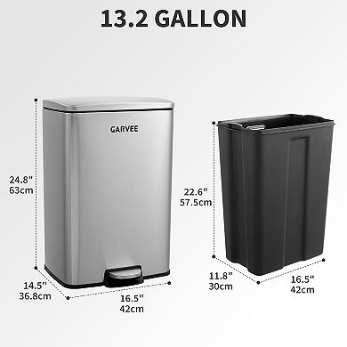 Kitchen Trash Can, Stainless Steel Garbage Can with Quiet Soft-Close Lid, Removable Inner Bucket