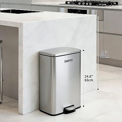 Kitchen Trash Can, Stainless Steel Garbage Can with Quiet Soft-Close Lid, Removable Inner Bucket