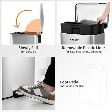 Kitchen Trash Can, Stainless Steel Garbage Can with Quiet Soft-Close Lid, Removable Inner Bucket