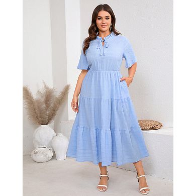 Women's Plus Size Short Sleeve Midi Dress with Ruffled Neckline and Side Pockets