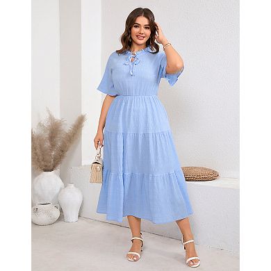Women's Plus Size Short Sleeve Midi Dress with Ruffled Neckline and Side Pockets