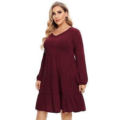 Women's Plus Size V-Neck Long Sleeve Midi Dress
