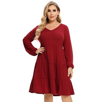 Women's Plus Size V-Neck Long Sleeve Midi Dress