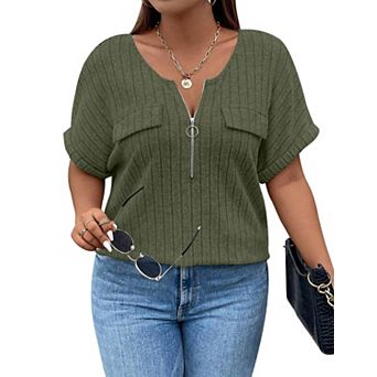 Plus Size Top for Women Short Sleeve Blouses Zip-up V Neck Top Womens Trendy Casual Work Shirt 1X-5X