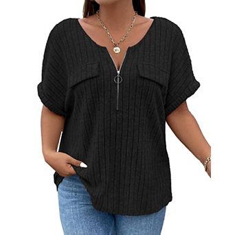 Plus Size Top for Women Short Sleeve Blouses Zip-up V Neck Top Womens Trendy Casual Work Shirt 1X-5X