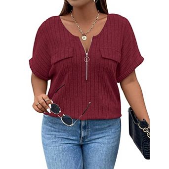 Plus Size Top for Women Short Sleeve Blouses Zip-up V Neck Top Womens Trendy Casual Work Shirt 1X-5X