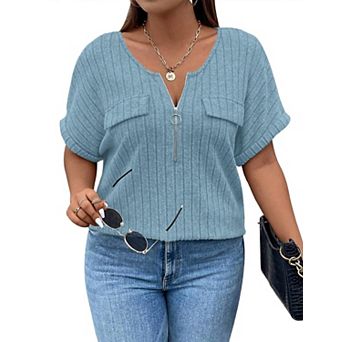 Plus Size Top for Women Short Sleeve Blouses Zip-up V Neck Top Womens Trendy Casual Work Shirt 1X-5X