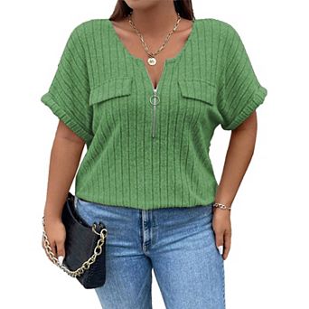 Plus Size Top for Women Short Sleeve Blouses Zip-up V Neck Top Womens Trendy Casual Work Shirt 1X-5X