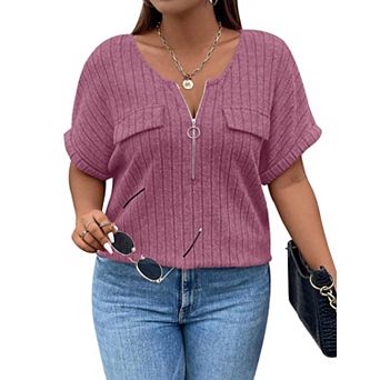 Plus Size Top for Women Short Sleeve Blouses Zip-up V Neck Top Womens Trendy Casual Work Shirt 1X-5X