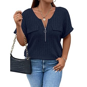 Plus Size Top for Women Short Sleeve Blouses Zip-up V Neck Top Womens Trendy Casual Work Shirt 1X-5X