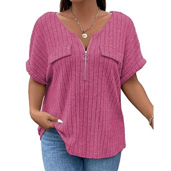 Plus Size Top for Women Short Sleeve Blouses Zip-up V Neck Top Womens Trendy Casual Work Shirt 1X-5X
