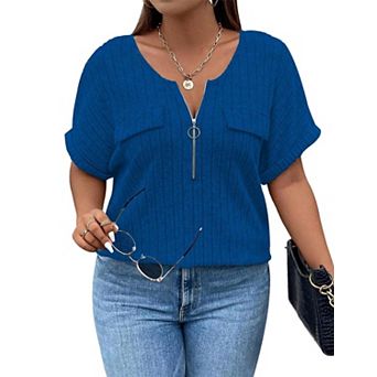 Plus Size Top for Women Short Sleeve Blouses Zip-up V Neck Top Womens Trendy Casual Work Shirt 1X-5X