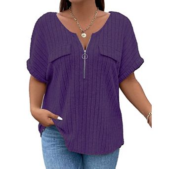 Plus Size Top for Women Short Sleeve Blouses Zip-up V Neck Top Womens Trendy Casual Work Shirt 1X-5X