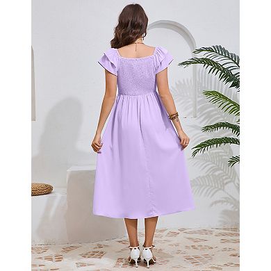 Women's Maternity Square Neck Dress with Layered Sleeves Knee Length