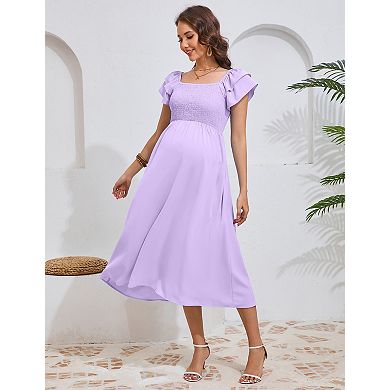 Women's Maternity Square Neck Dress with Layered Sleeves Knee Length