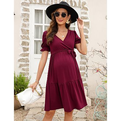Women's Maternity V-Neck Short Sleeve Tie Waist Midi Dress