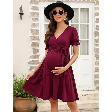 Women's Maternity V-Neck Short Sleeve Tie Waist Midi Dress